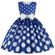 Girls Polka Dot Bow Dress (3-12 Years) Sleeveless Round Neck Puffy Skirt Birthday Party Dress Kids Formal Outfit Blue 140